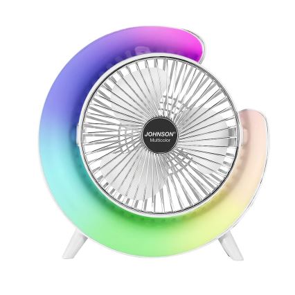 JOHNSON - Ventilator de masă reîncărcabil LED RGB multicolor, LED 5W, 3,7V, 1200 mAh, diam. 14 cm, alb