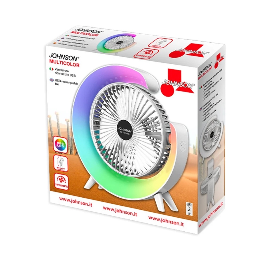 JOHNSON - Ventilator de masă reîncărcabil LED RGB multicolor, LED 5W, 3,7V, 1200 mAh, diam. 14 cm, alb