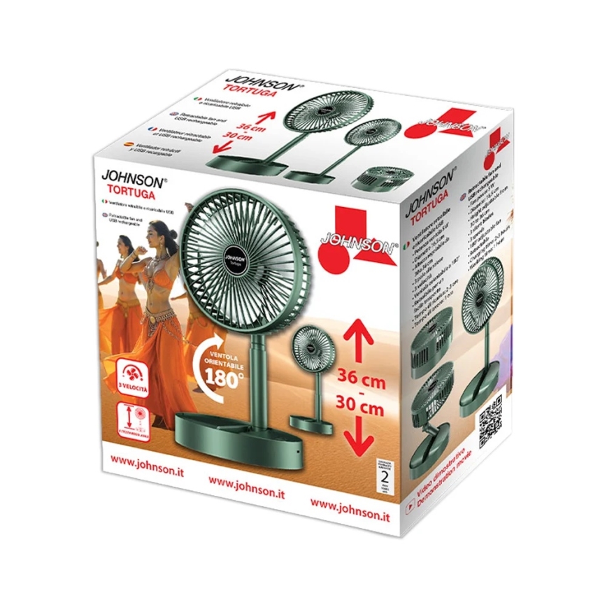 JOHNSON - Ventilator de birou reîncărcabil TORTUGA 5W/3,7V 1200 mAh, diametru 16,5 cm, verde