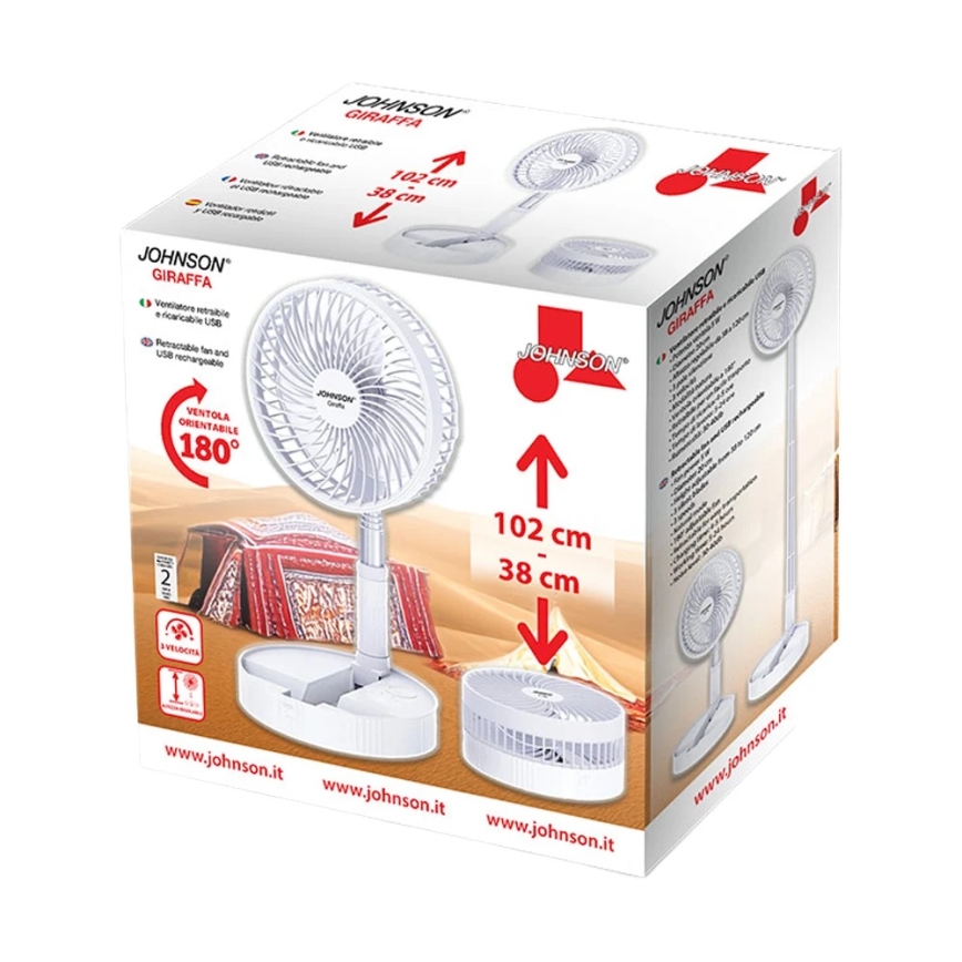 JOHNSON - Ventilator de masă reîncărcabil GIRAFFA 5W/3,7V 1200 mAh Ø 20 cm alb