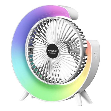 JOHNSON - Ventilator de masă reîncărcabil LED RGB multicolor, LED 5W, 3,7V, 1200 mAh, diam. 14 cm, alb