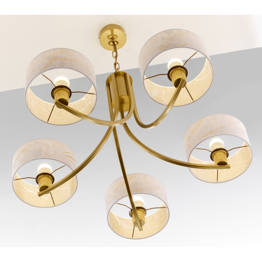 Jupiter 2097 - Candelabru suspendat pe lanț ARTHUR 5xE27/15W/230V alb/auriu/decor marmură