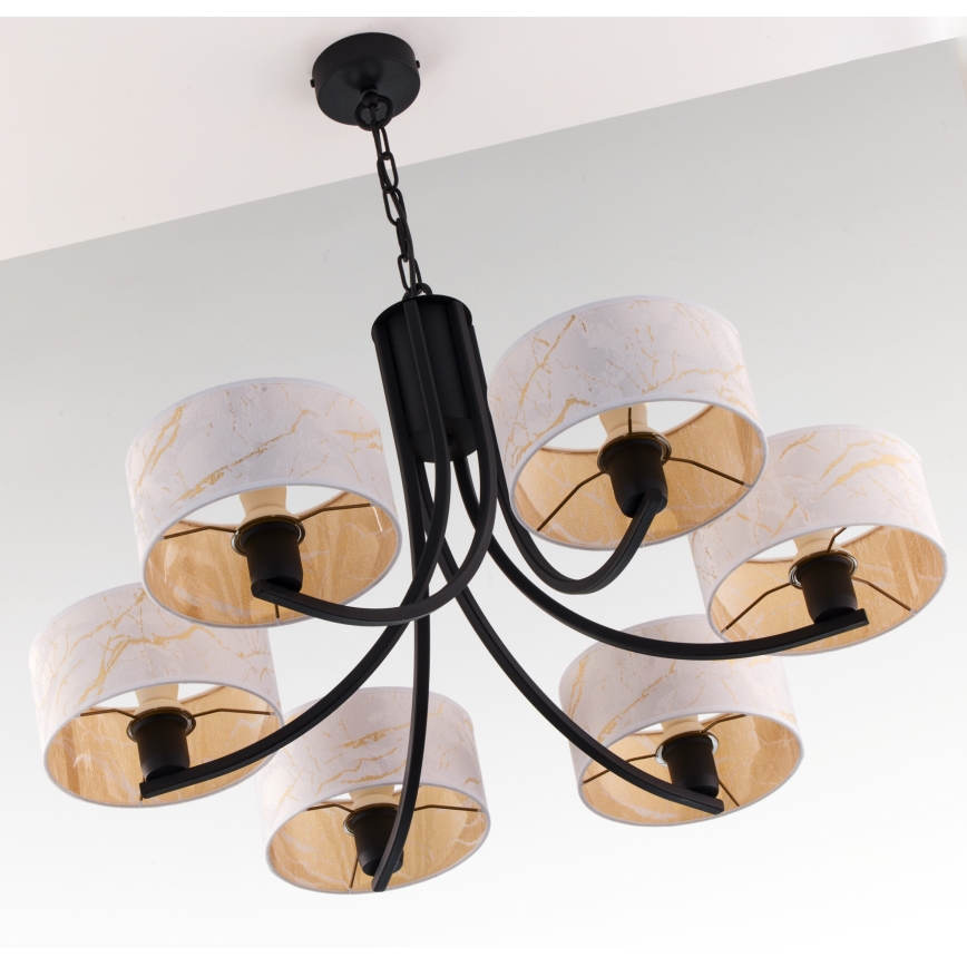 Jupiter 2105 - Candelabru suspendat pe lanț ARTHUR 6xE27/15W/230V alb/negru/decor marmură