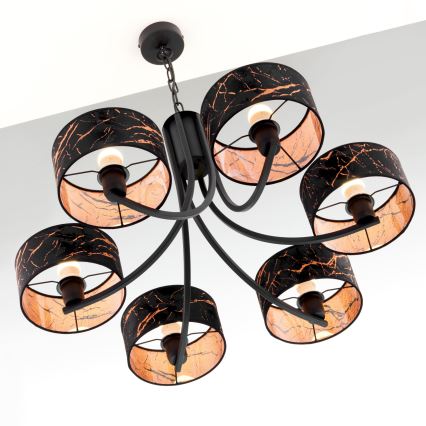 Jupiter 2108 - Candelabru suspendat ARTHUR 6xE27/15W/230V negru/portocaliu/decor marmură