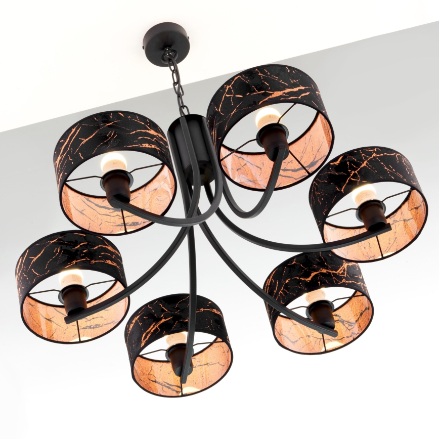 Jupiter 2108 - Candelabru suspendat ARTHUR 6xE27/15W/230V negru/portocaliu/decor marmură