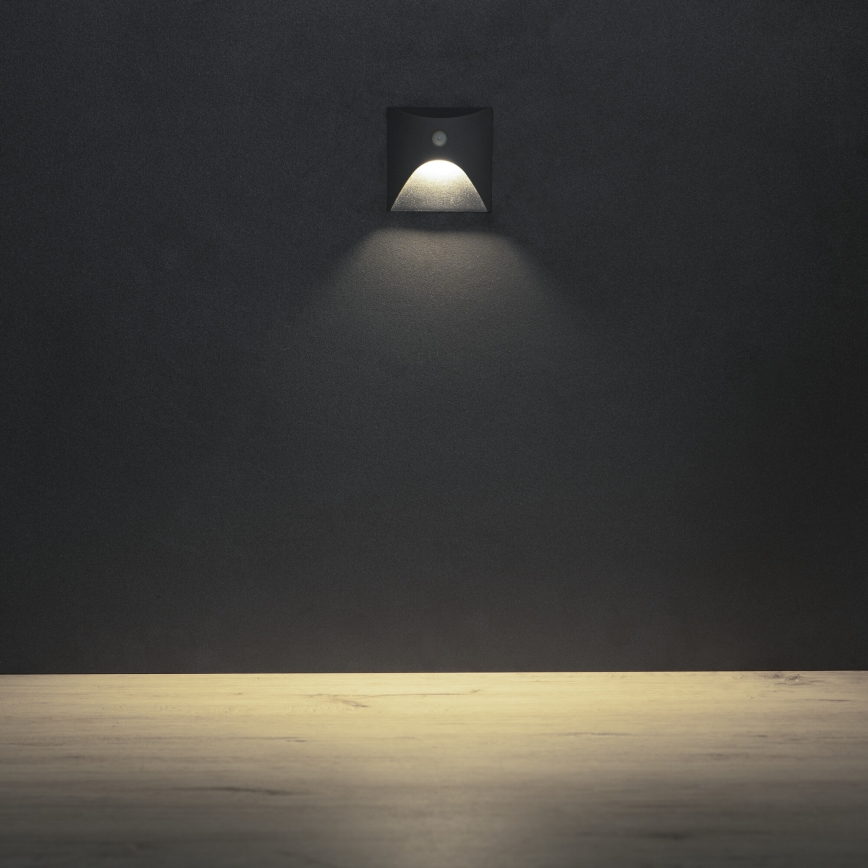 Aplică LED EXIN pentru scări, 2,5W/230V, 4000K, IP65, cu senzor de mișcare și senzor crepuscular, antracit, pătrată