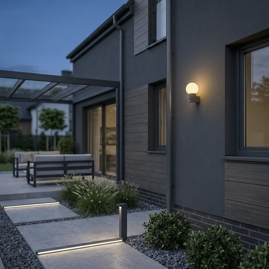 Lampă de perete pentru exterior cu senzor de mișcare și de crepuscul STONO 1xE27/15W/230V IP65 antracit