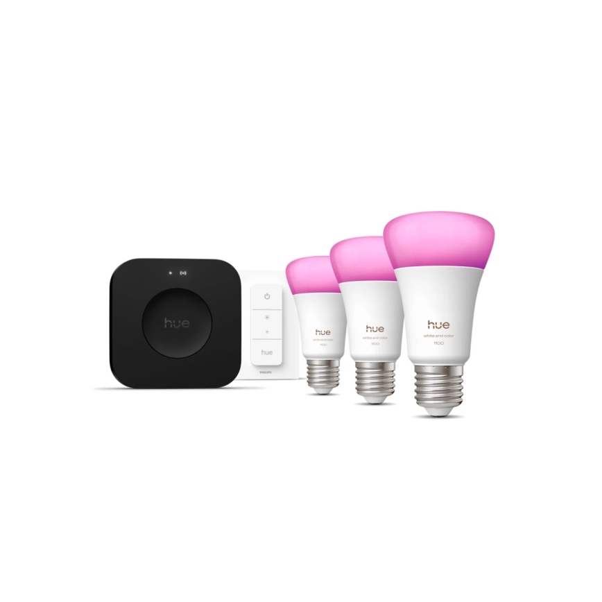 Set de bază Philips Hue WHITE AND COLOR AMBIANCE 3xE27/8,1W 1000-20000K + Hue Bridge și întrerupător dimmer