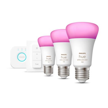 Kit de pornire Philips Hue WHITE AND COLOR AMBIANCE 3xE27/9W 2000-6500K + Hue Bridge și întrerupător dimmer