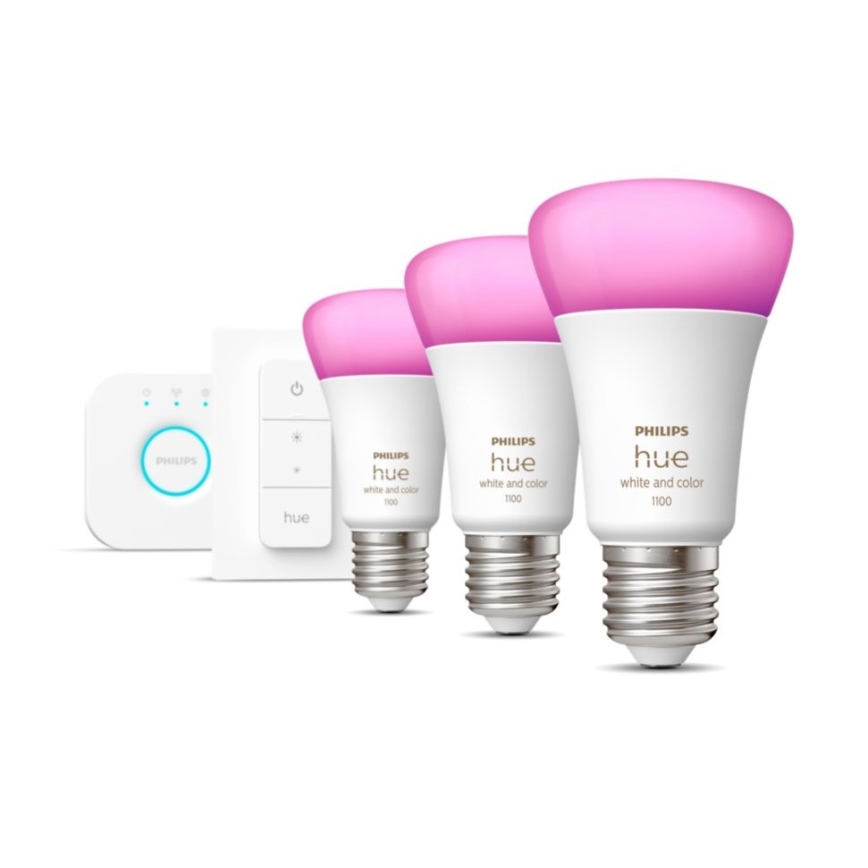 Kit de pornire Philips Hue WHITE AND COLOR AMBIANCE 3xE27/9W 2000-6500K + Hue Bridge și întrerupător dimmer