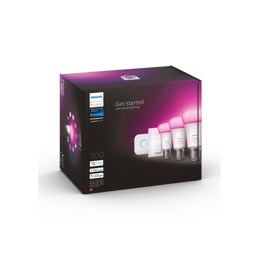 Kit de pornire Philips Hue WHITE AND COLOR AMBIANCE 3xE27/9W 2000-6500K + Hue Bridge și întrerupător dimmer