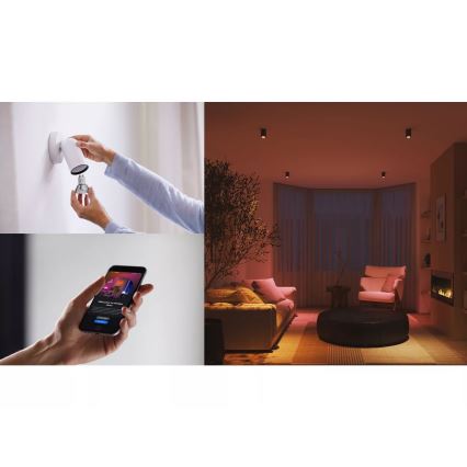 Kit de start Philips Hue WHITE AND COLOR AMBIANCE — 3 becuri GU10, 4,2 W fiecare, 2000–6500 K + dispozitiv de conectare