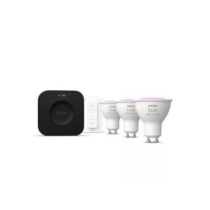 Kit de start Philips Hue WHITE AND COLOR AMBIANCE — 3 becuri GU10, 4,2 W fiecare, 2000–6500 K + dispozitiv de conectare