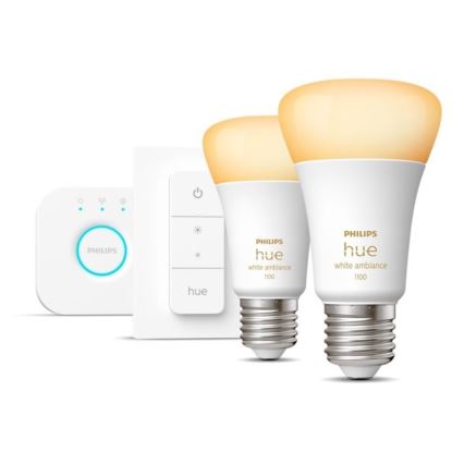 Set de bază Philips Hue WHITE AMBIANCE 2xE27/8W/230V + Hue Bridge și întrerupător dimmer