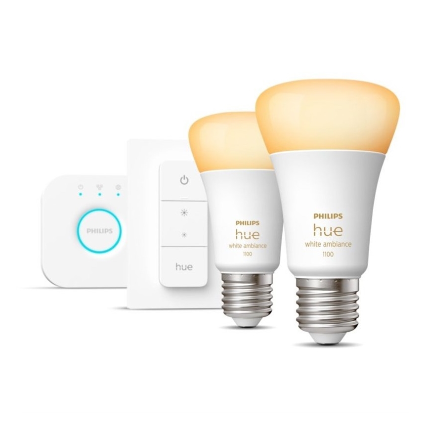 Set de bază Philips Hue WHITE AMBIANCE 2xE27/8W/230V + Hue Bridge și întrerupător dimmer