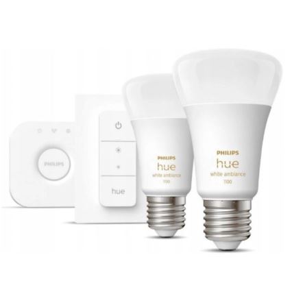 Set de bază Philips Hue WHITE AMBIANCE 2xE27/8W/230V + Hue Bridge și întrerupător dimmer