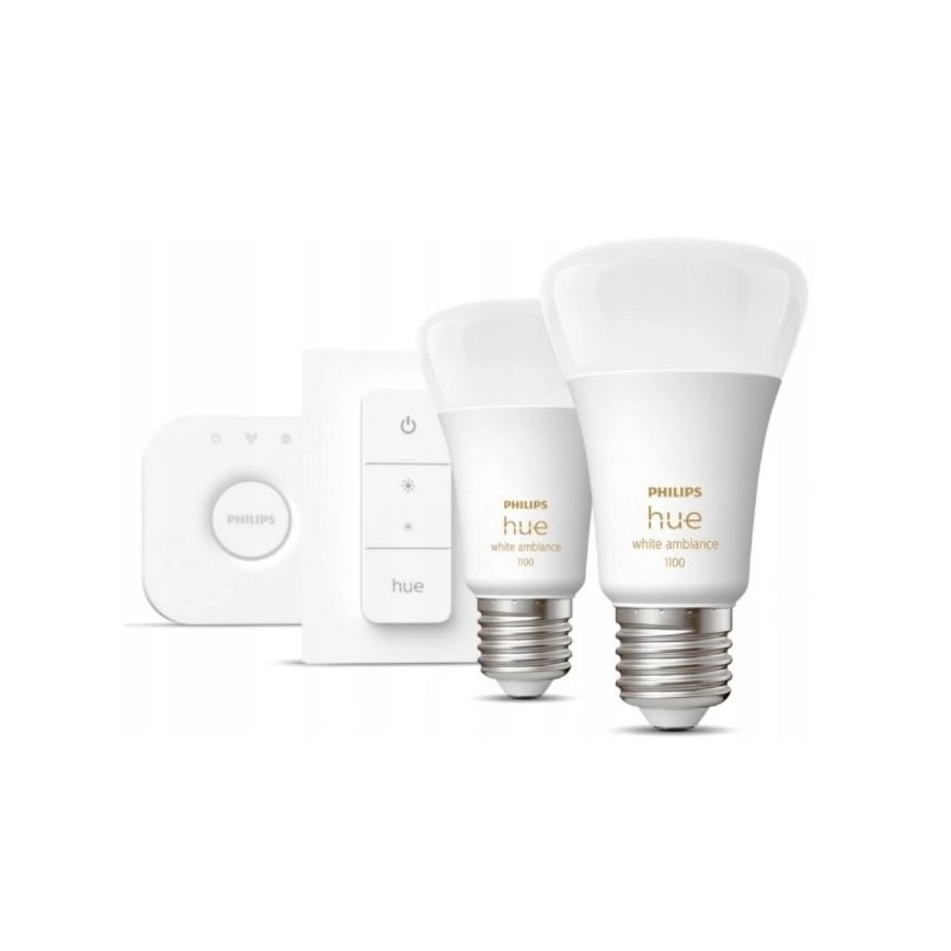 Set de bază Philips Hue WHITE AMBIANCE 2xE27/8W/230V + Hue Bridge și întrerupător dimmer