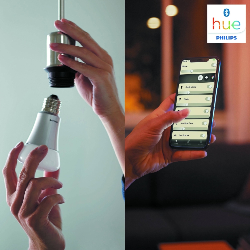 Set de bază Philips Hue WHITE AMBIANCE 2xE27/8W/230V + Hue Bridge și întrerupător dimmer