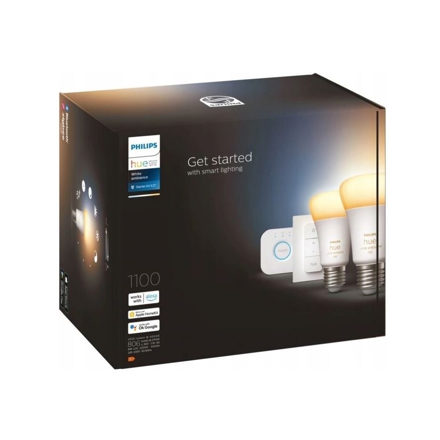 Set de bază Philips Hue WHITE AMBIANCE 2xE27/8W/230V + Hue Bridge și întrerupător dimmer
