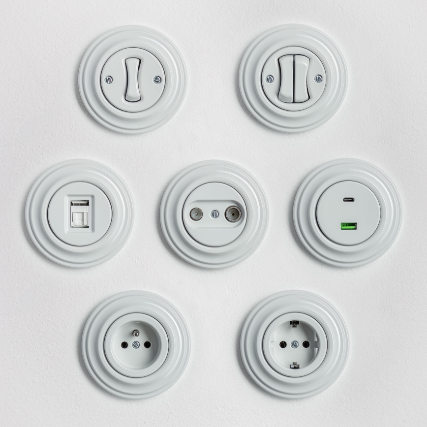 Kliklap - Buton retro cu ramă, alb, din ceramică