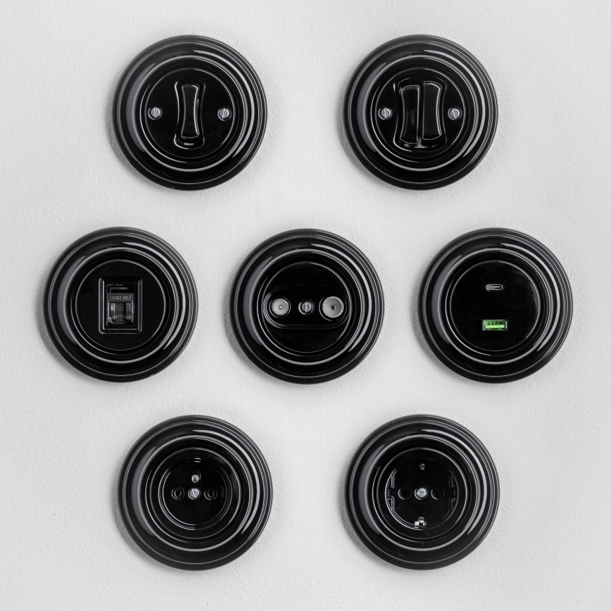 Kliklap - Întrerupător dublu pentru scară, retro, cu ramă nr. 6+6, negru