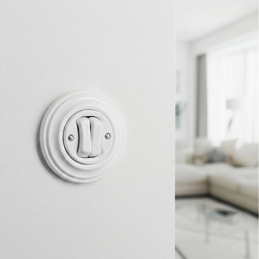 Kliklap - Întrerupător dublu retro pentru scară, cu ramă nr. 6+6, alb zăpadă