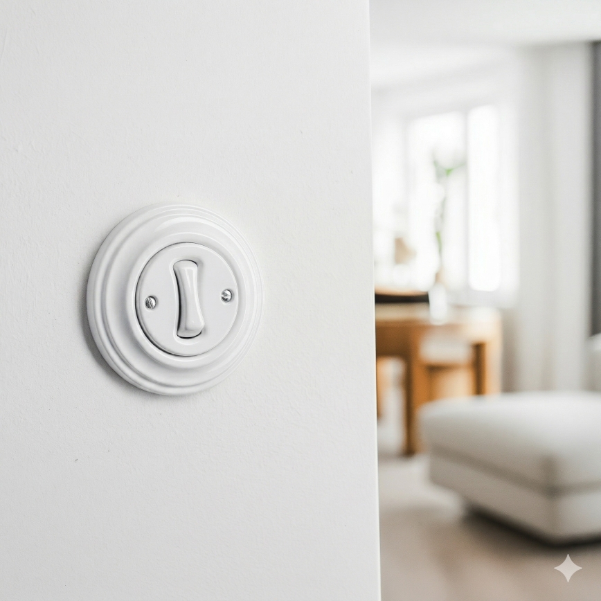 Kliklap - Întrerupător retro pentru scări, cu ramă nr. 6, alb zăpadă