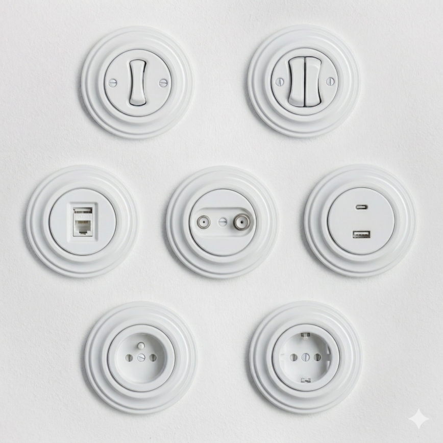 Kliklap - Întrerupător retro pentru scări, cu ramă nr. 6, alb zăpadă