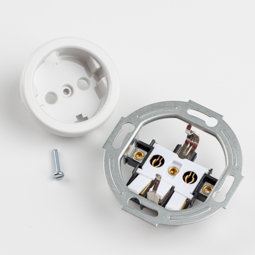 Kliklap - Întrerupător unipolar retro nr. 1 și priză SCHUKO 230 V cu ramă, alb zăpadă