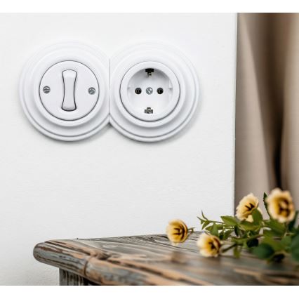 Kliklap - Întrerupător unipolar retro nr. 1 și priză SCHUKO 230 V cu ramă, alb zăpadă