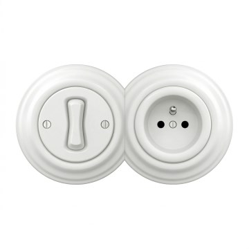 Kliklap - Întrerupător retro unipolar nr. 1 și priză 230 V cu ramă, alb zăpadă