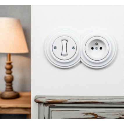 Kliklap - Întrerupător retro unipolar nr. 1 și priză 230 V cu ramă, alb zăpadă