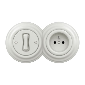 Kliklap - Întrerupător retro unipolar nr. 1 și priză 230 V cu ramă ceramică albă