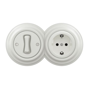 Kliklap - Întrerupător unipolar retro nr. 1 și priză SCHUKO 230 V cu ramă alb ceramic