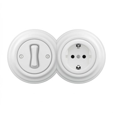 Kliklap - Întrerupător unipolar retro nr. 1 și priză SCHUKO 230 V cu ramă, alb zăpadă