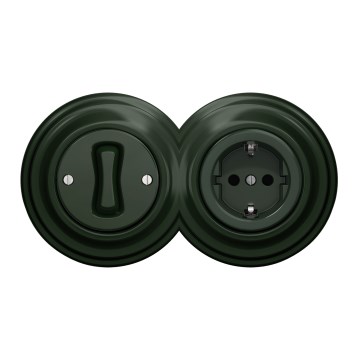 Kliklap - Întrerupător unipolar retro nr. 1 și priză SCHUKO 230V cu cadru, verde