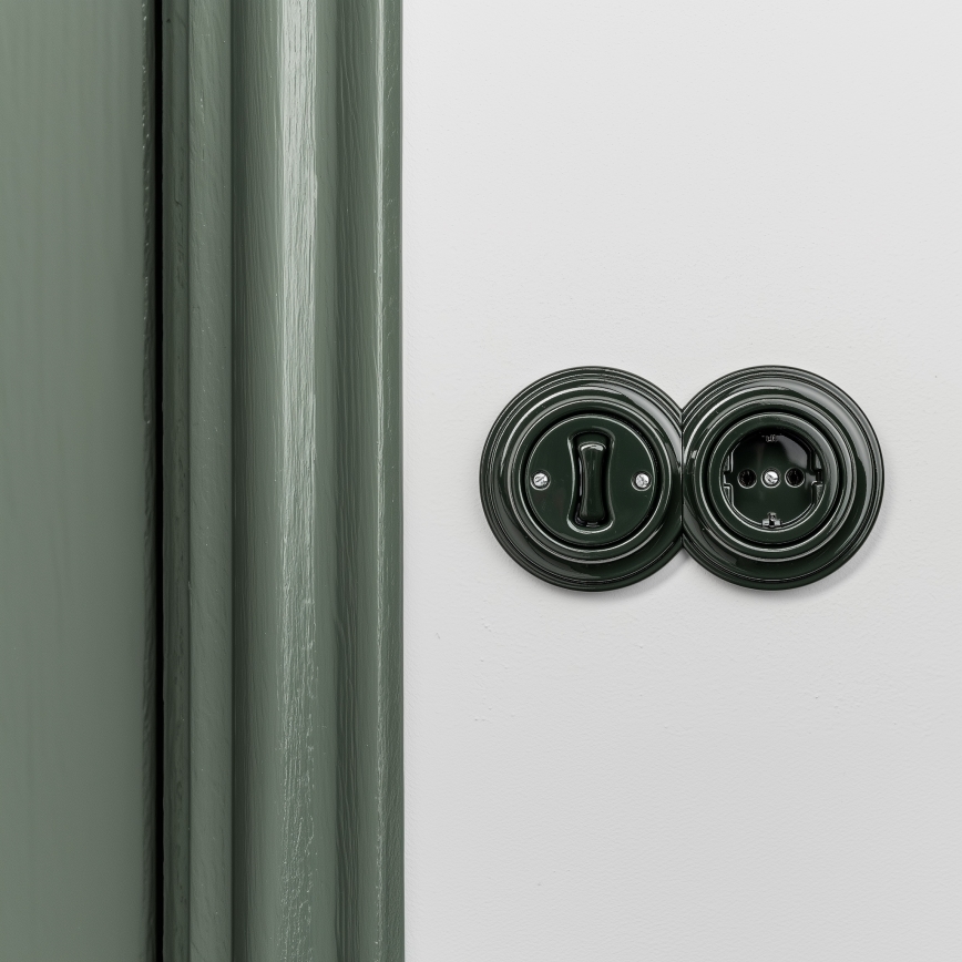 Kliklap - Întrerupător unipolar retro nr. 1 și priză SCHUKO 230V cu cadru, verde