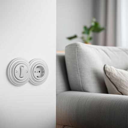 Kliklap - Întrerupător unipolar retro nr. 1 și priză SCHUKO 230 V cu ramă ceramică albă