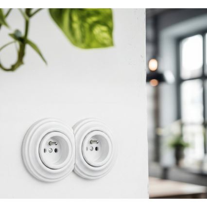 Kliklap - Priză dublă retro casnică cu ramă, 230V, alb zăpadă