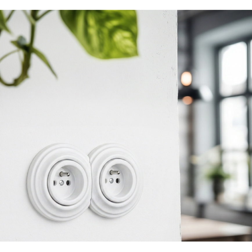 Kliklap - Priză dublă retro casnică cu ramă, 230V, alb zăpadă