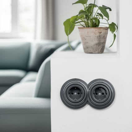 Kliklap - Priză dublă retro cu ramă, SCHUKO 230 V, antracit