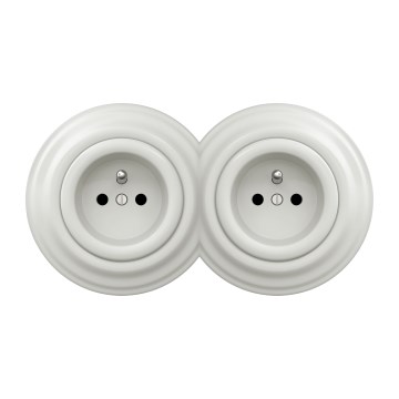 Kliklap - Priză dublă retro de perete, cu ramă, ceramică, 230 V, albă