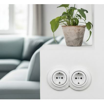 Kliklap - Priză dublă retro de uz casnic cu ramă, SCHUKO, 230 V, alb zăpadă