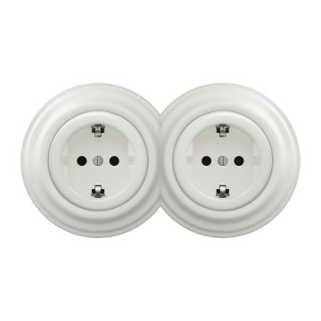 Kliklap - Priză dublă retro de uz casnic cu ramă SCHUKO 230V/16A, alb ceramic