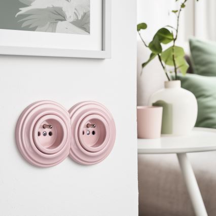 Kliklap - Priză dublă retro pentru uz casnic, cu ramă, 230V, roz antic