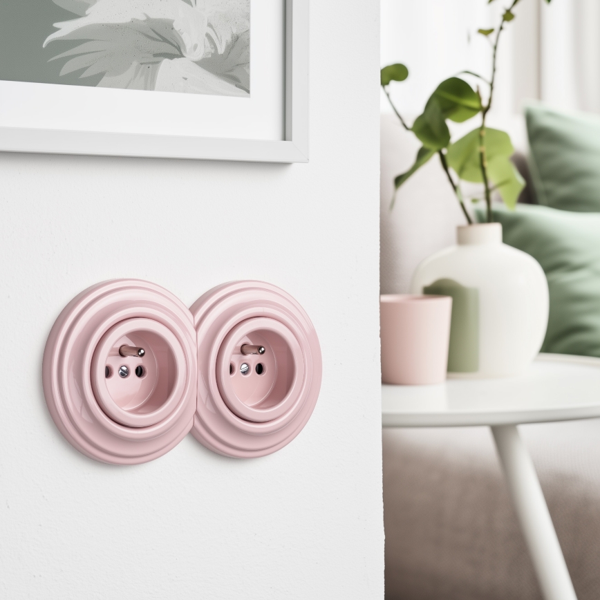 Kliklap - Priză dublă retro pentru uz casnic, cu ramă, 230V, roz antic