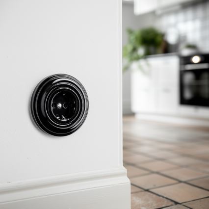 Kliklap - Priză retro de perete cu ramă SCHUKO 230V/16A, neagră