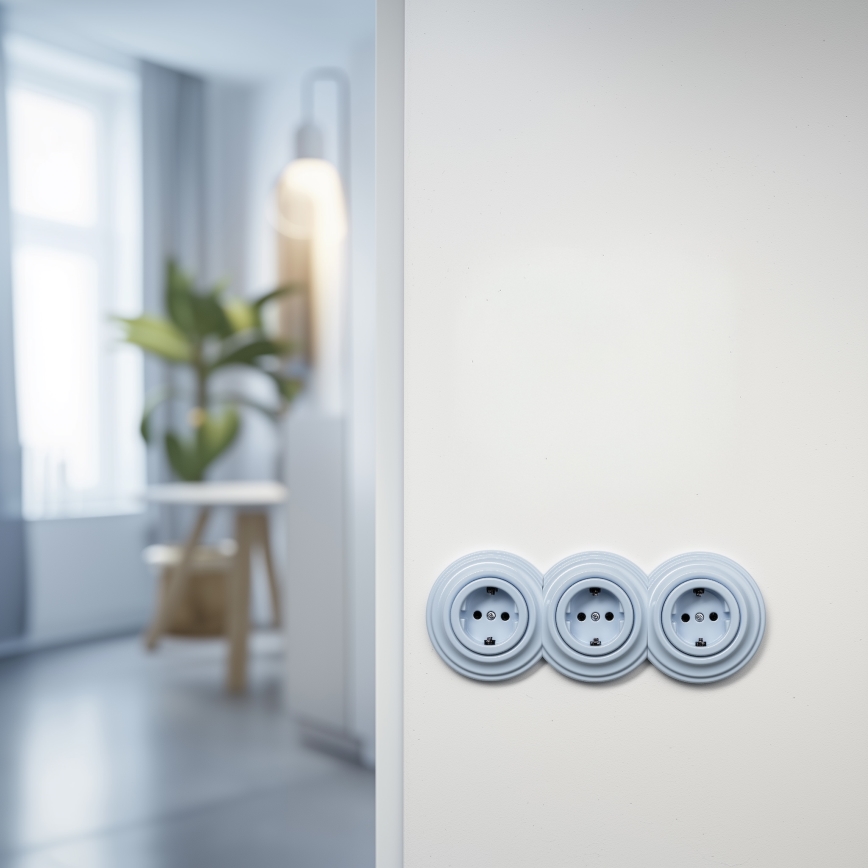 Kliklap - Priză retro de perete SCHUKO, fără ramă, 230V/16A, albastră