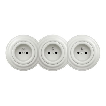 Kliklap - Priză retro triplă de perete cu ramă, ceramică, 230 V, albă