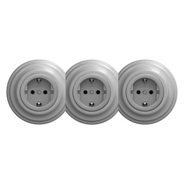 Kliklap - Priză retro triplă de perete cu ramă SCHUKO 230V, gri